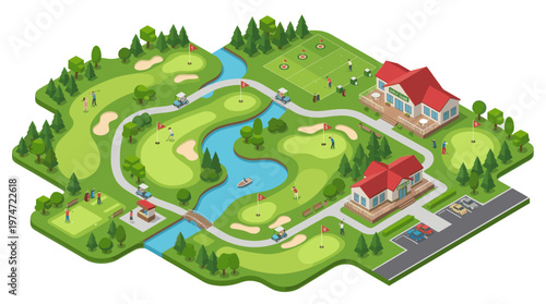 Isometric golf course landscape illustration green sport field with lakes and fairways vector style