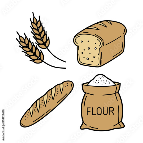 set of four bakery and fresh bread items including wheat stalks loaf bread baguette and flour bag vector