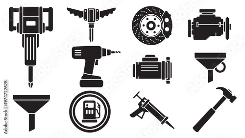 Industrial tools and automotive equipment icons, black silhouette construction machinery set, mechanical engine and power tool vector collection