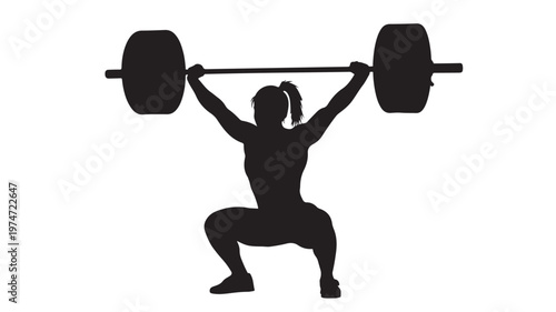 Weightlifting woman silhouette, female athlete performing overhead barbell snatch, powerlifting and crossfit training vector illustration