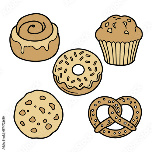set of five bakery and fresh bread items including cinnamon roll donut muffin cookie and pretzel vector