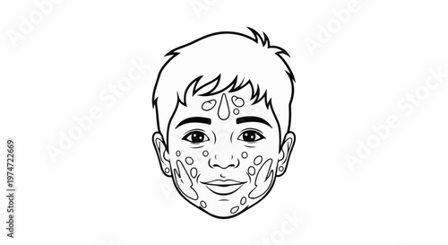 Black and white illustration of a child's face with drawn markings
