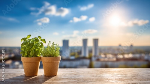 Green Herb Plants in Pots with Urban Landscape in Background and Bright Sky, Sunset View, Nature and City Concept