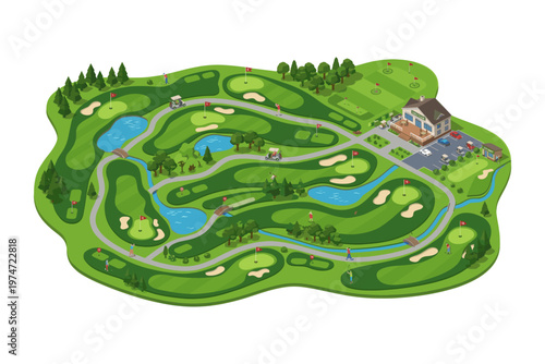 Isometric golf course landscape illustration green sport field with lakes and fairways vector style