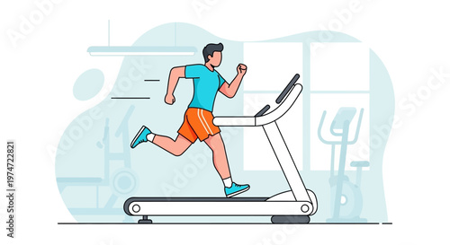 Modern Flat Line Man Running on Treadmill Indoor Fitness Illustration