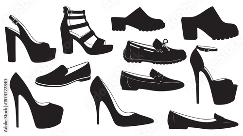 Black silhouette footwear collection, set of 11 women shoes icons, elegant high heels and casual flats vector, fashion apparel accessories for retail