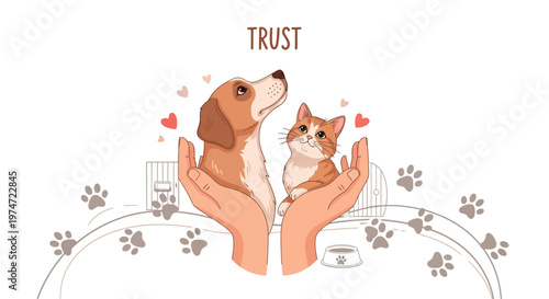 A heartwarming vector illustration celebrating national pet day depicts a beagle dog and ginger cat nestled in gentle hands, surrounded by paw prints and hearts against a clean white