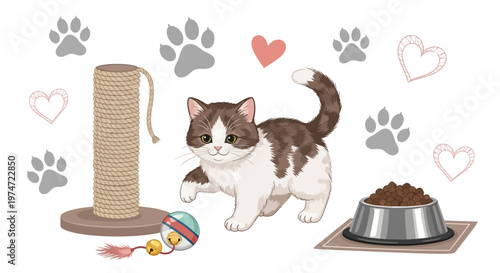 A cute cartoon kitten, illustrated in a vector style, celebrates National Pet Day, depicted with a scratching post, a ball toy, a bowl of food, and paw prints against a clean white