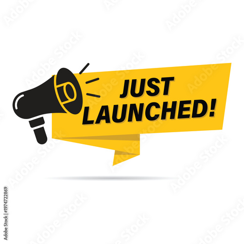 just launched new product announcement yellow banner with megaphone icon for business startup and release