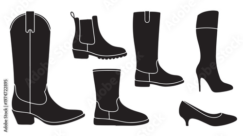 Black footwear silhouettes set, 6 vector icons of boots and shoes, cowboy boots and chelsea boots collection, stylish female footwear illustrations