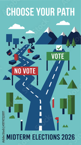 US Midterm Elections 2026 Choose Your Path Voting Reminder Poster, Vote or Not Decision Concept American Election Awareness Illustration, Civic Duty Choice Poster USA Midterm Election 2026 Campaign 