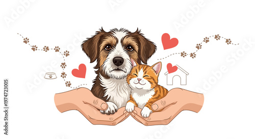 A heartwarming vector illustration celebrates national pet day, showcasing a cute dog and a ginger cat nestled in caring hands, with paw prints and hearts against a clean white background