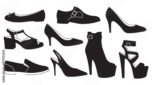 Black footwear silhouettes set, collection of 9 fashion shoe icons, elegant high heels and casual flat shoes, stylish female and male footwear vectors