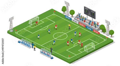 Isometric soccer stadium illustration football match with players crowd and scoreboard vector style
