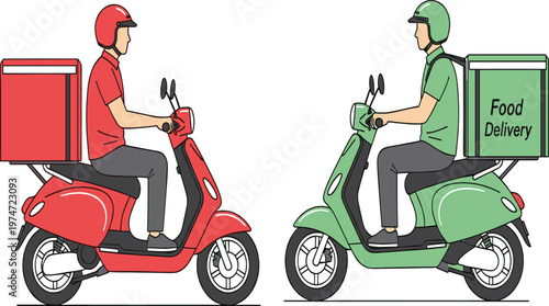 Two professional food delivery couriers riding red and green motor scooters with thermal backpacks for fast logistics service and commercial restaurant shipping vector.