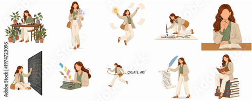 Flat Style Collection of Female Writer with Various Activity Illustration