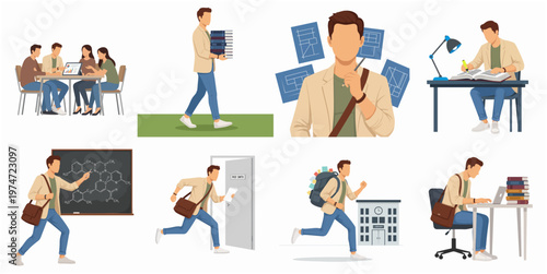 Flat Illustration of College Student Activities in Various Situations Icon Set