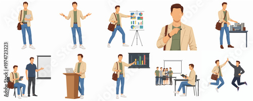 Flat Style Diverse Young Man Giving Presentation and Business Communication Icon