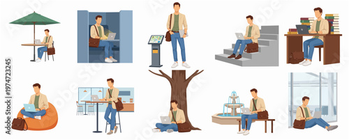 Flat Illustration Diverse Male Student Studying in Different Public Locations Set
