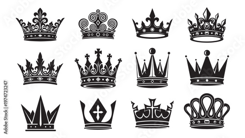 Vintage royal crown icons set, 12 black heraldic coronet vector elements, majestic king and queen headwear silhouettes for luxury branding