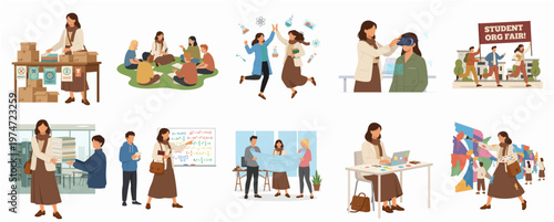 Flat Diverse College Student Life Activity Illustration Set In Various Situation