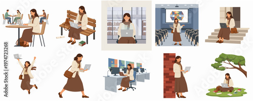 Modern Flat Style Diverse Woman Working in Various Location Illustration Set
