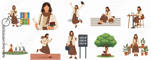 Minimalist College Student Daily Activities Illustration Set in Warm Tone Color Palette