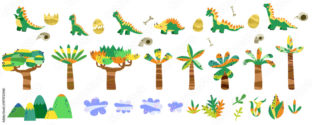 Obraz premium Green Dinosaur Character Set with Tropical Trees and Fossil Bones for Kids Birthday Party Invitations and Jurassic Theme Decor Hand Drawn Elements