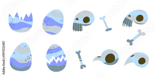 Prehistoric Fossil Bones and Dinosaur Eggs in Blue Colors for Archaeology Museum Workshops and Science Education Materials Hand Drawn Details