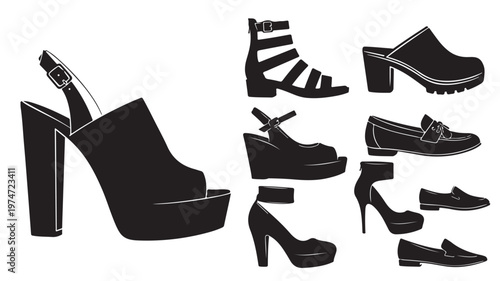 Black footwear silhouettes collection, set of 9 women shoes icons, elegant high heels and casual loafers vector illustrations for fashion retail