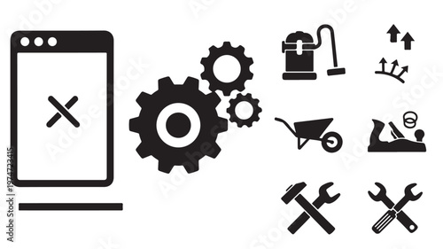 Industrial maintenance and construction icons set, black silhouette hardware tools and gears, technical repair and engineering vector elements