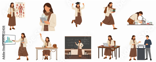Flat Style Female Teacher Activity Illustration Set Various Classroom Situations