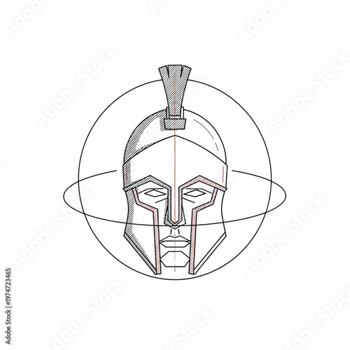 Minimalist Spartan Warrior Helmet Line Art Logo with Geometric Elements and Technical Blueprint Lines