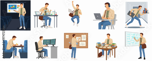 Diverse Flat Illustration Set of Student Engaged in Academic Activities
