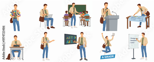 Flat Design Illustration Set of Male College Student in Different Activity