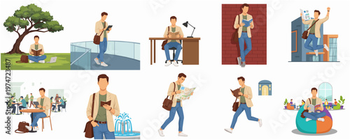 Diverse Cartoon Illustration of a Young Man Reading Book in Various Poses