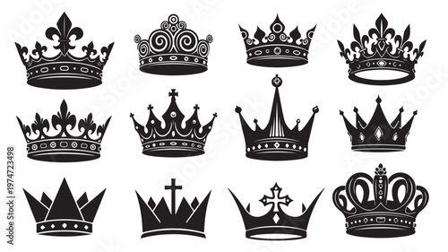 Vintage royal crown silhouettes, set of 12 black heraldic crowns and tiaras, majestic king and queen headwear icons for luxury branding and logo design