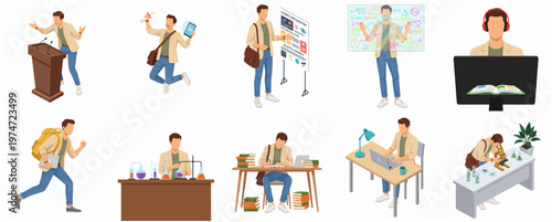 Isometric Detailed Student Character Doing Various Activities at University College