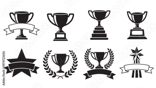 Trophy cup and award icons set, black silhouette championship medals and laurel wreaths, 8 vector elements for sports competition and success