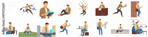 Collection of Flat Design Businessman Character in Various Poses and Activities