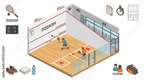 Isometric squash court illustration indoor racket sport game with players glass walls vector style