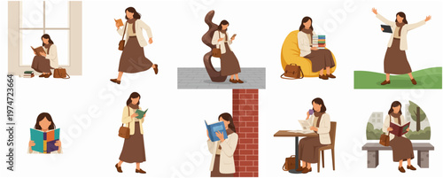Flat Vector Set of Young Woman Reading Book in Different Poses