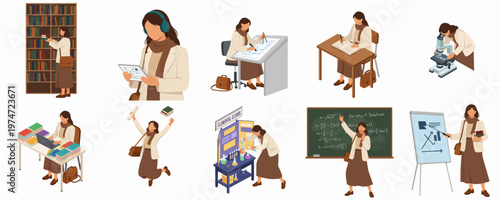 Minimalist Flat Design Set of Woman Student in Various Educational Activities