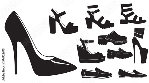 Black footwear silhouettes collection, set of 10 fashion shoe icons including high heels and sandals, stylish female footwear vector illustrations