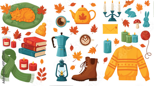 Cozy autumn vector collection featuring orange cat sleeping on cushion books candles maple leaves sweater boots coffee and warm tea for seasonal hygge decorations.