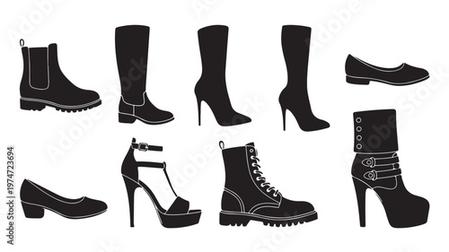 Black footwear silhouette icons set, collection of 9 women shoes and boots vector illustrations, stylish fashion footwear for retail and design