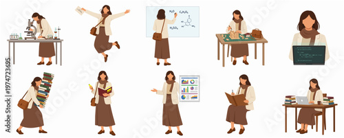 Minimalist Flat Style Teacher Characters in Different Academic Activities Illustration
