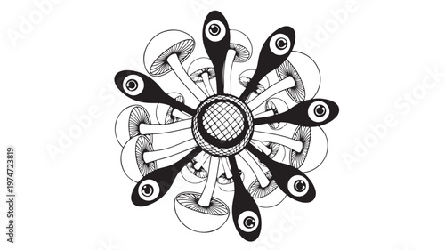 Psychedelic mushroom mandala vector, surreal trippy fungi with eyes, black and white hand drawn magic mushrooms, mystical occult botanical art