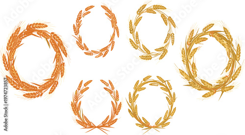 Collection of golden wheat wreaths and grain frames in vector format for organic bakery branding agricultural labels and harvest festival design elements.