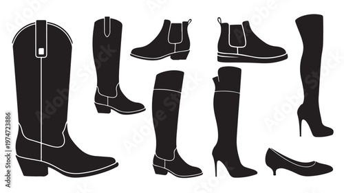 Black footwear silhouettes collection, set of 8 fashion boots and shoes icons. Cowboy boots, chelsea boots, and high heel stiletto vector elements.